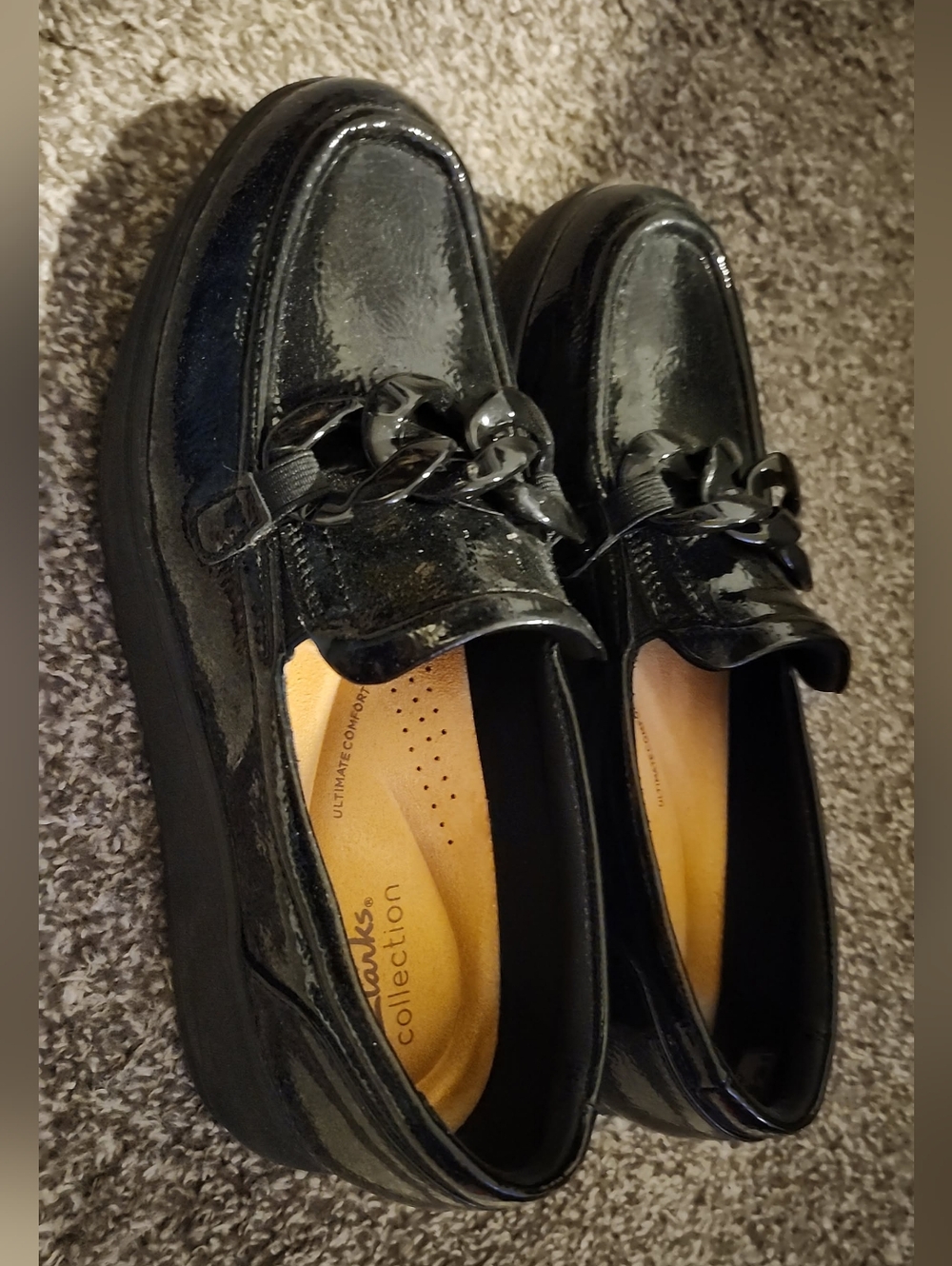 Clarks Black Patent Chain-Detail Slip-On Loafers